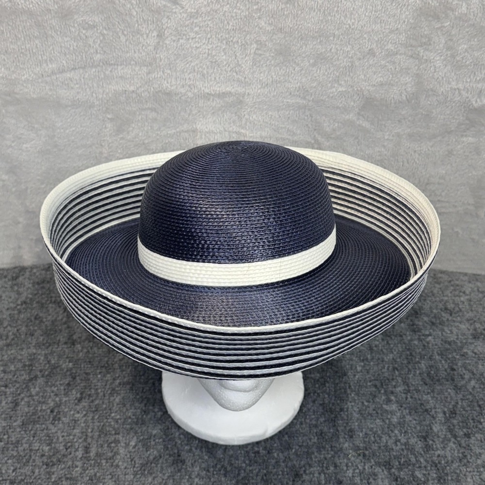 VTG Hat Sun Womens‎ Blue Polypropylene Wide Brim Striped Derby Nautical Church